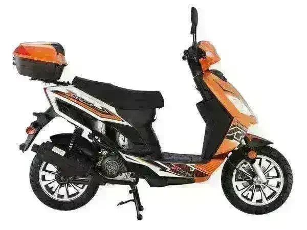 Orange 50cc gas scooter with rear storage box and sporty decals, side view