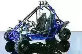Blue Transformer two-seat go-kart with overhead lights, black bucket seats and rear cargo rack, side view