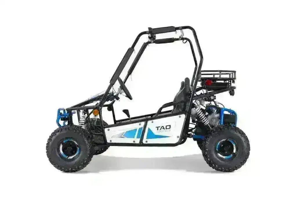 Left-side view of a blue and white Triton go-kart with black frame, rear cargo rack and engine