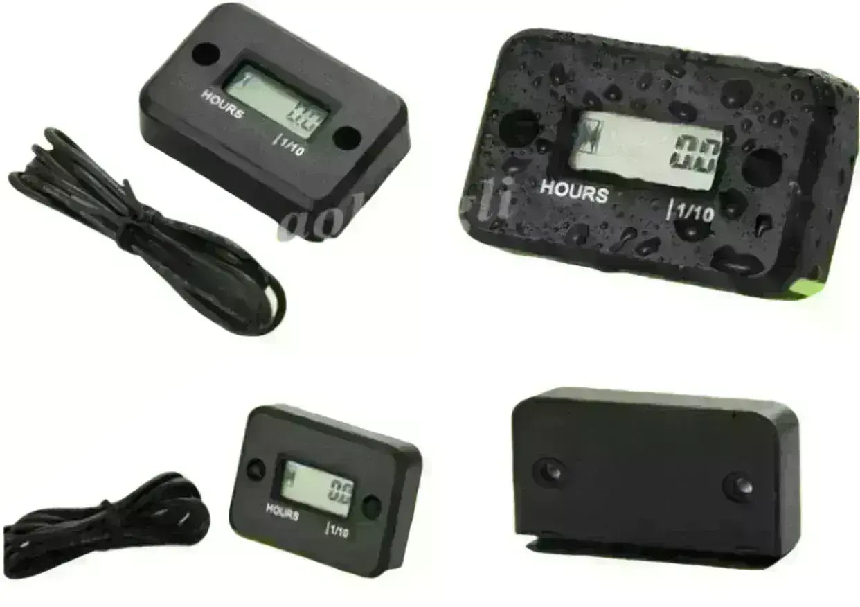 Waterproof digital hour meter for machines, black casing, LCD display, at Q9 PowerSports USA