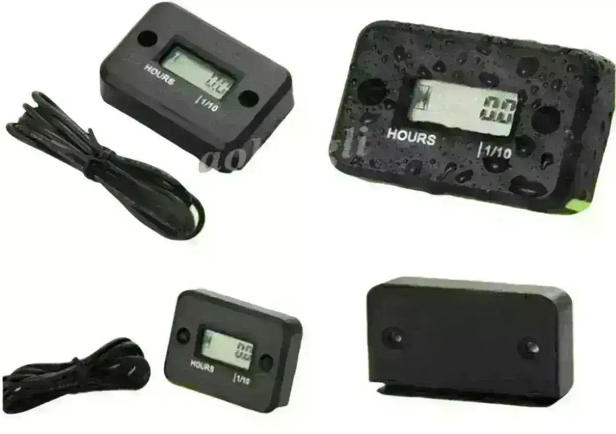 Waterproof digital hour meter with LCD display for machines, shown with wire and water droplets.