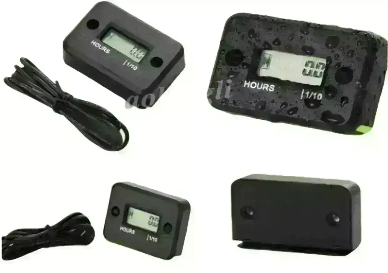 Waterproof digital hour meter with LCD display for machines, shown with wire and water droplets.