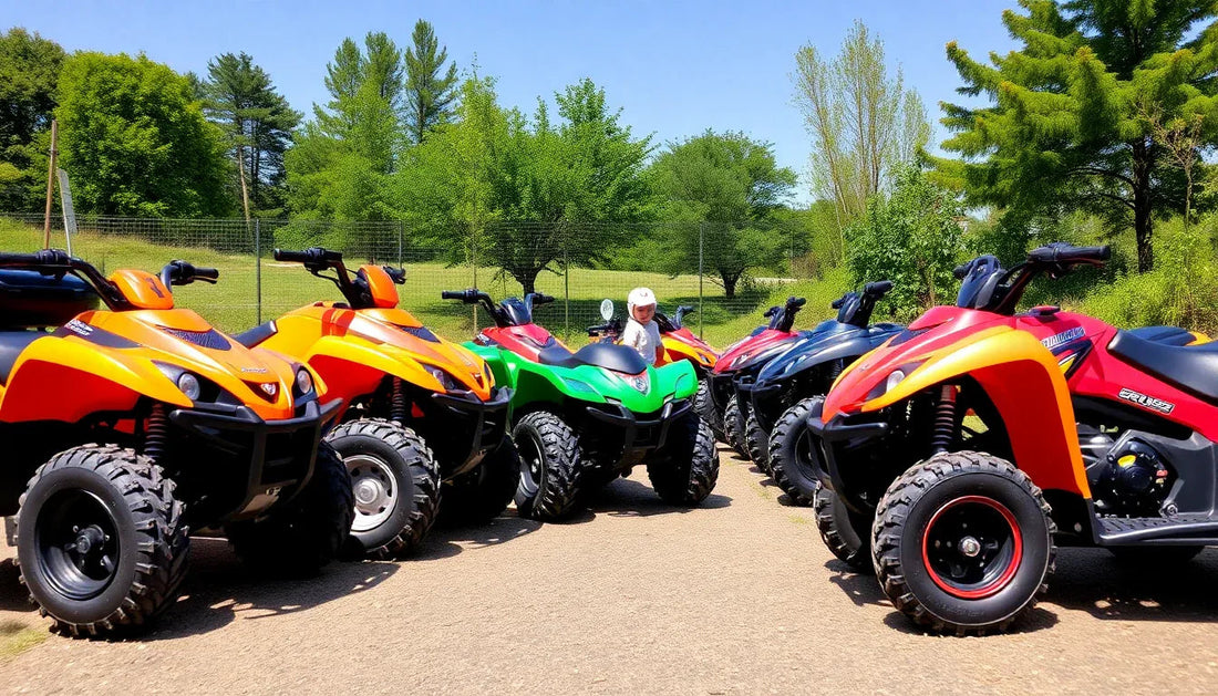 Colorful youth ATVs parked outdoors on pavement with trees in background, sunny day