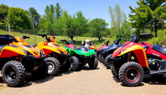 Colorful youth ATVs parked outdoors on pavement with trees in background, sunny day