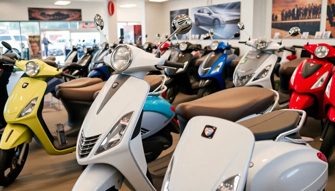 Showroom with colorful scooters and mopeds lined up, modern personal transport vehicles