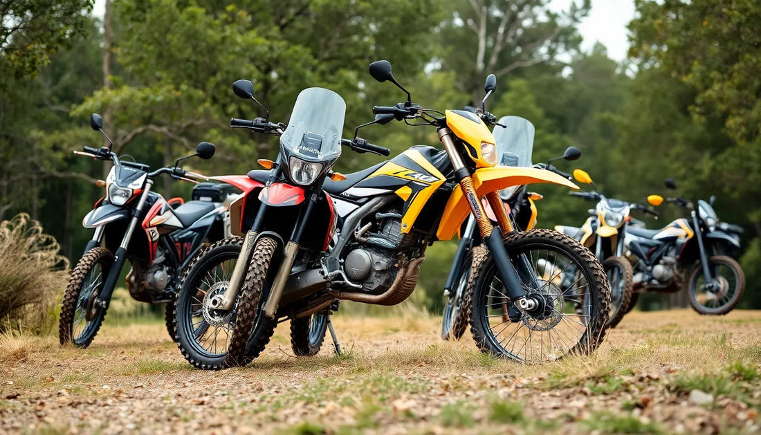 Group of off-road dirt bikes parked outdoors on a dirt path with trees in the background.