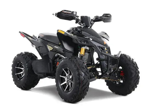 Black all-terrain ATV with rugged tires and sporty design, ideal for off-road riding