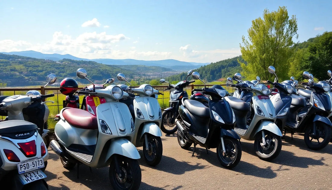 Row of parked scooters and mopeds on a sunny day with scenic hills and blue sky in the background