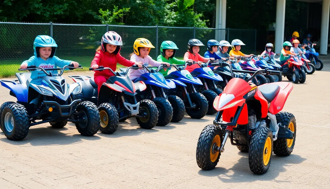 Kids riding mini ATVs in helmets lined up outdoors on a paved surface.