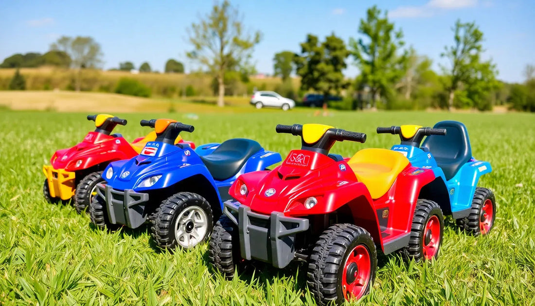 Colorful kids ATV ride-on toys on grass field, outdoor fun, children's electric ATVs