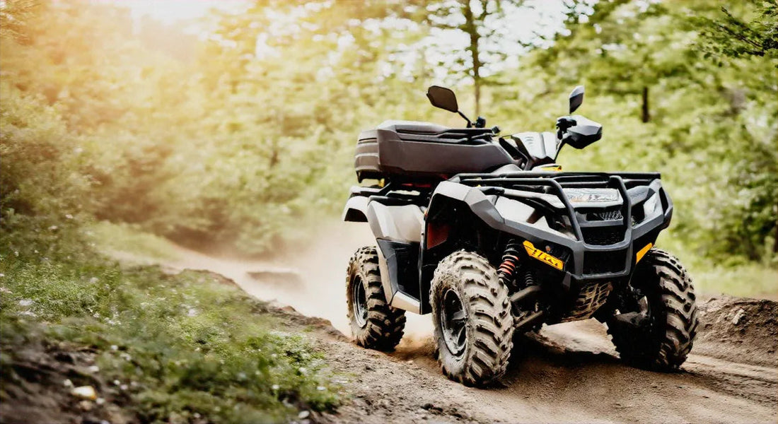 ATV riding on a dirt trail in a forest, off-road vehicle with rugged tires and storage box