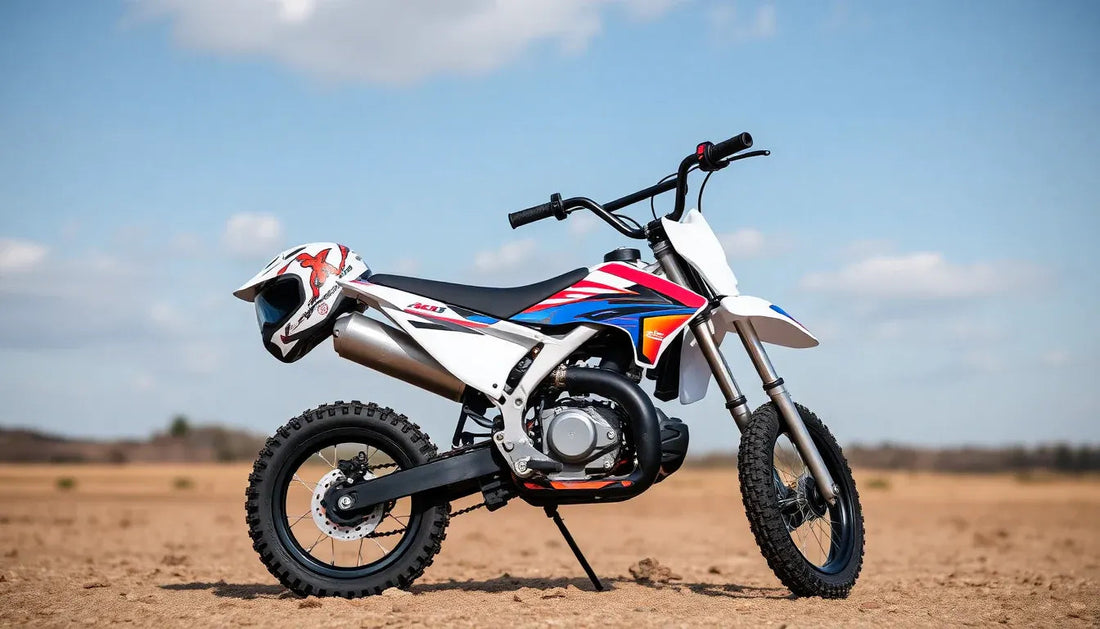Youth dirt bike with helmet on seat, off-road tires, parked on sandy terrain under blue sky