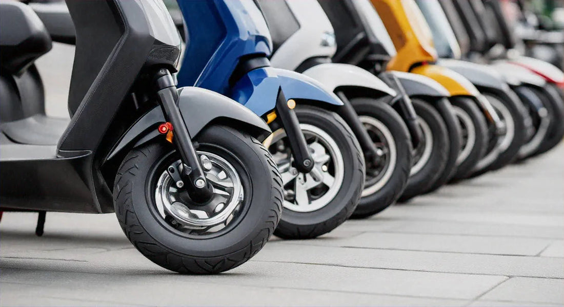 Row of colorful scooters parked on pavement, showcasing various models and front wheels.