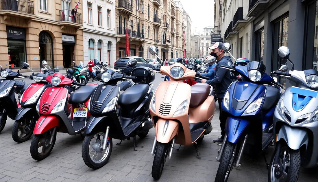 Row of colorful scooters and mopeds parked on city street with a rider wearing helmet