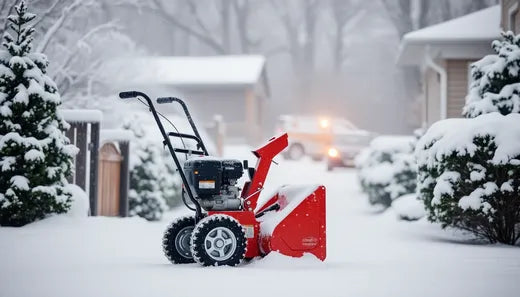 Red snow blower on snowy driveway with trees and houses in winter
