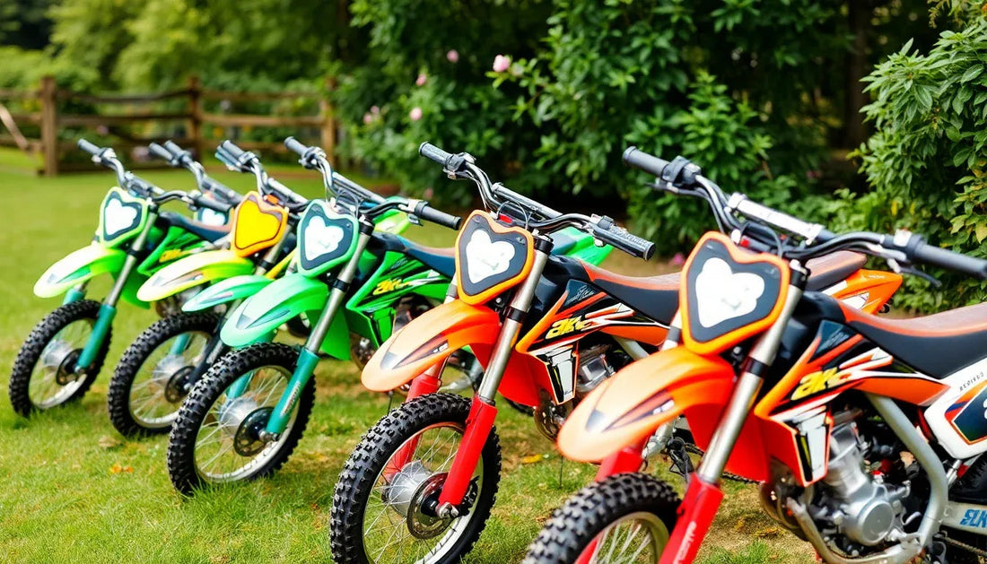 Row of green and orange youth dirt bikes parked on grass with a wooden fence and trees in background