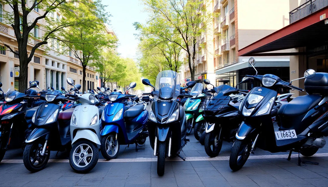 Multiple scooters and mopeds parked along a city street lined with trees and buildings.