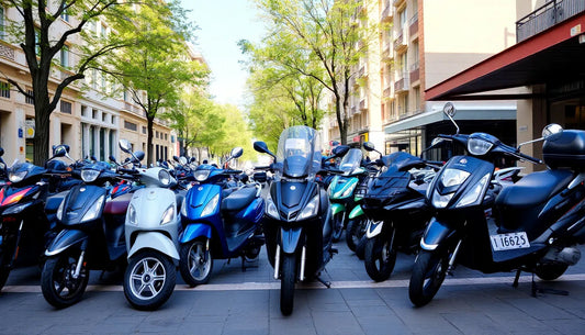 Multiple scooters and mopeds parked along a city street lined with trees and buildings.