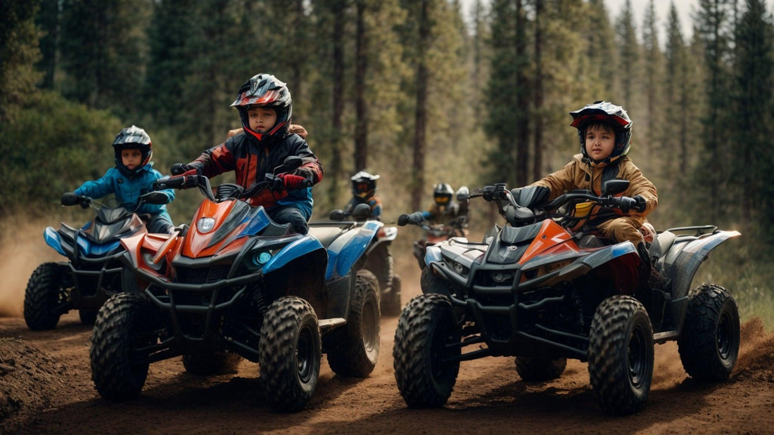 Kids riding youth ATVs in a forest trail, wearing safety helmets and outdoor gear