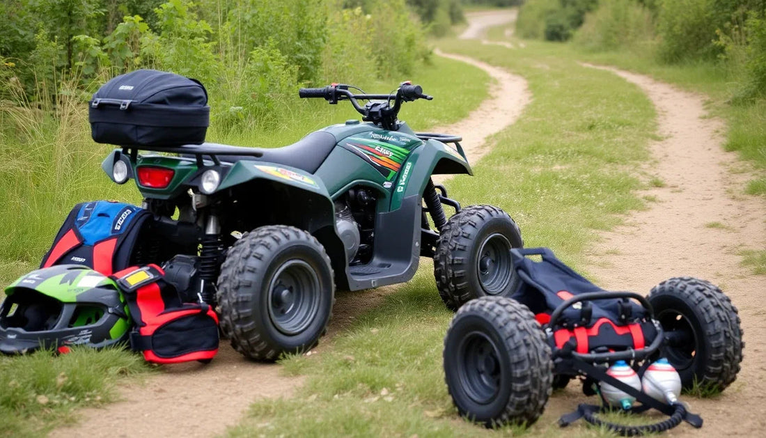 Green ATV and off-road go-kart with helmets on a dirt trail surrounded by greenery.
