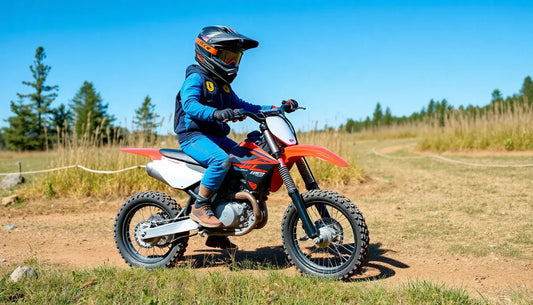 Youth riding red dirt bike on outdoor trail, wearing helmet and safety gear, clear sky