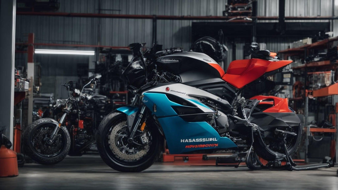 Modern sport motorcycle with red and blue fairings in a powersports service center workshop