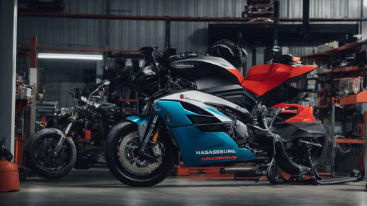 Modern sport motorcycle with red and blue fairings in a powersports service center workshop