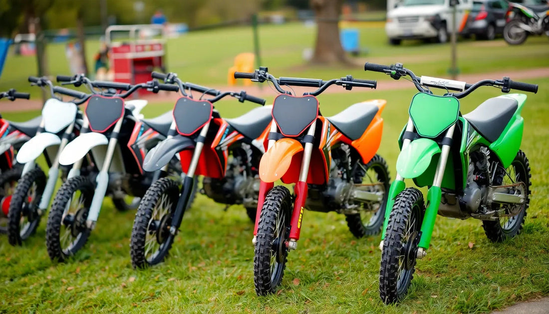 Row of colorful dirt bikes for kids and adults on grass, outdoor powersports vehicles