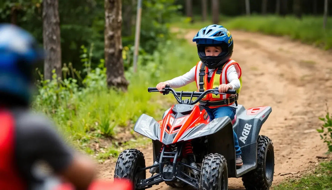 Child riding a red ATV on dirt trail, wearing helmet and safety vest, outdoor adventure