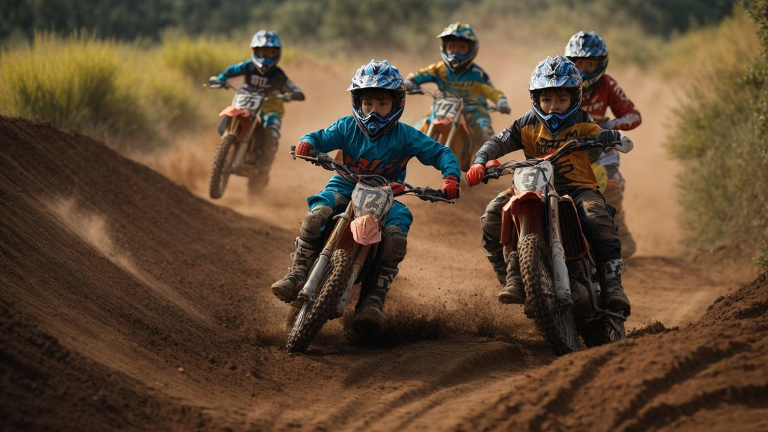 Group of kids riding 125cc youth dirt bikes on a dirt trail, wearing safety gear