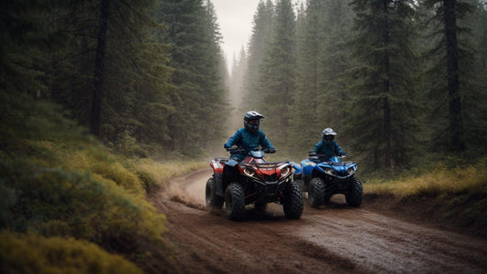 Two riders on ATVs driving through a forest trail in southern Wisconsin