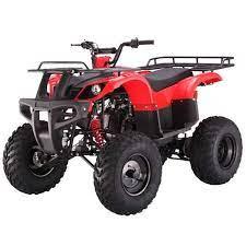 Red 150cc ATV quad bike with rugged tires and front rack on white background