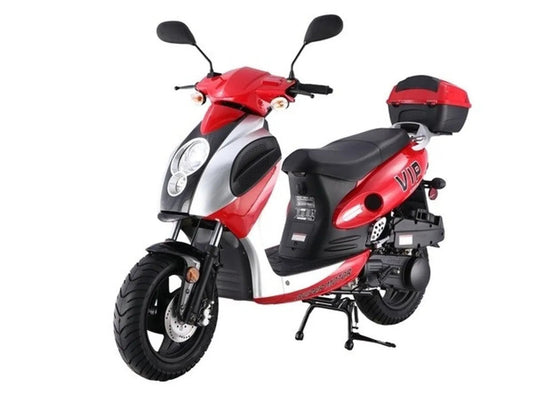 Red and black 150cc motor scooter with dual headlights and rear storage box on white background