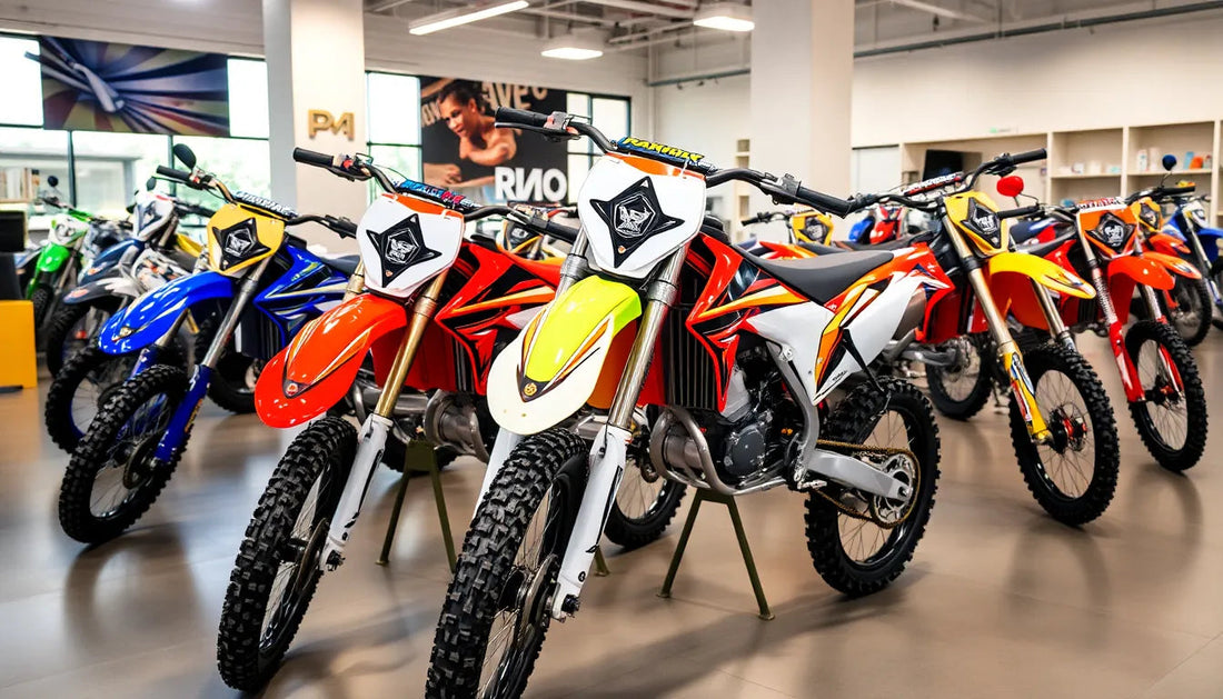 Colorful dirt bikes with off-road tires on display in a bright showroom