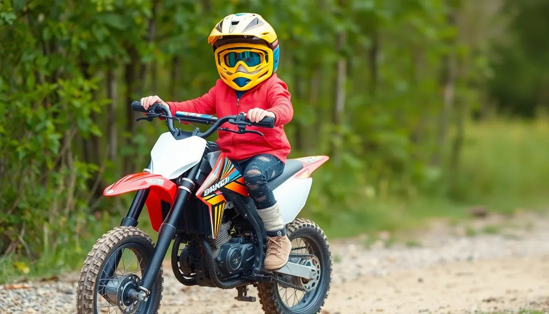 Child in yellow helmet riding a youth dirt bike on a gravel path in outdoor setting