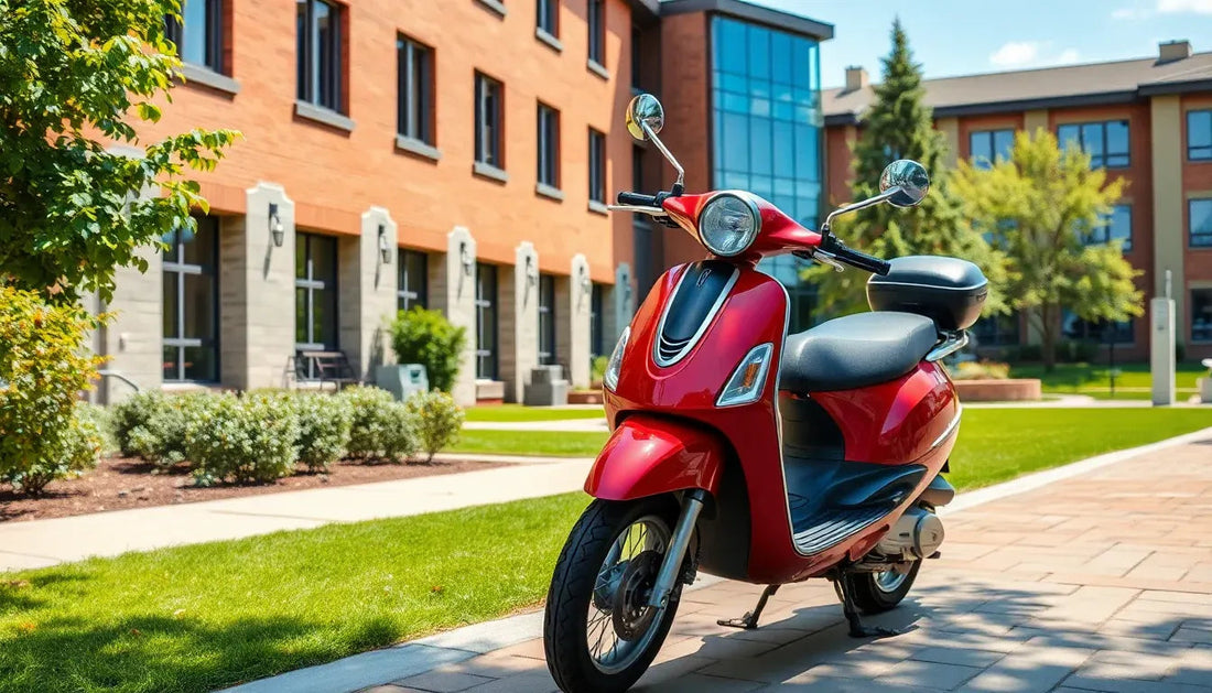 Red scooter parked on paved walkway in front of modern building, sunny day