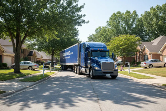 Blue semi-truck making a delivery in a suburban residential neighborhood street