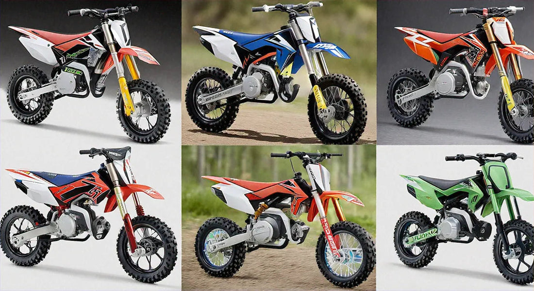 Six youth dirt bikes in various colors including red, blue, orange, and green, displayed indoors and outdoors on dirt and gray backgrounds