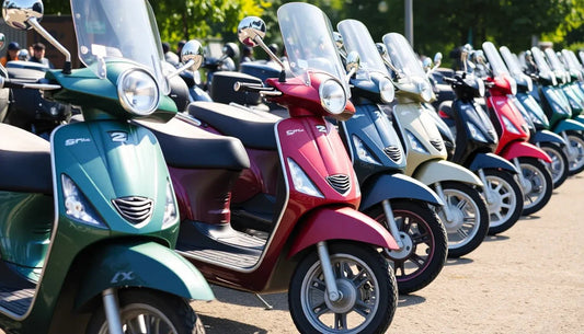 Row of colorful scooters with windshields parked outdoors in sunlight