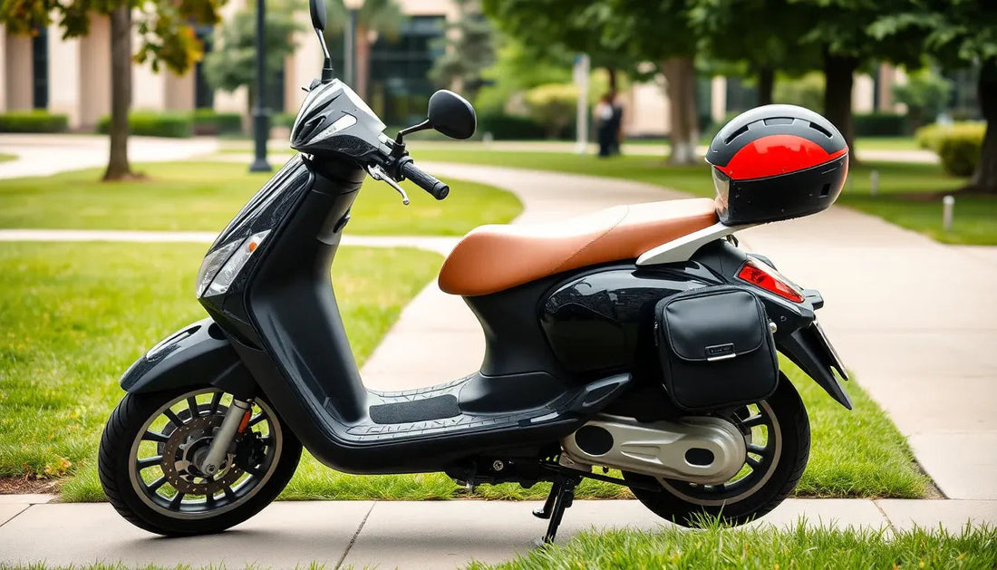 Modern black scooter with tan seat and helmet parked on sidewalk in green urban park