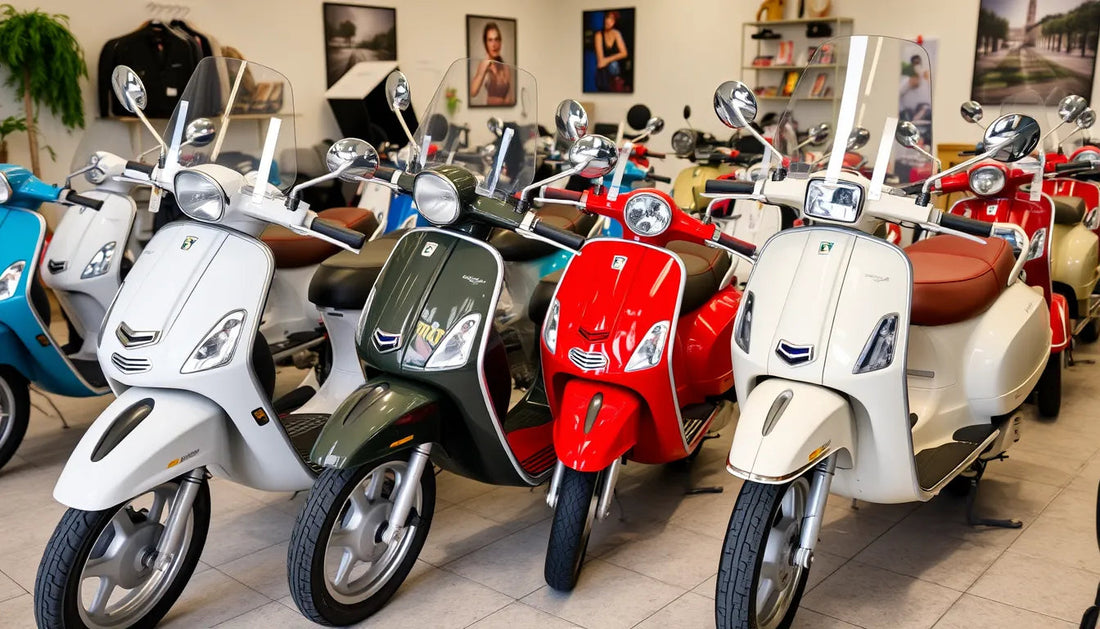 Multiple colorful scooters with windshields displayed in a modern showroom setting