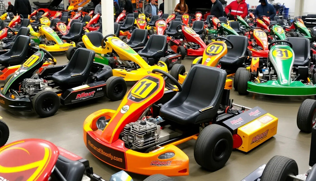 Indoor showroom with rows of colorful go-karts, each with racing numbers and black seats
