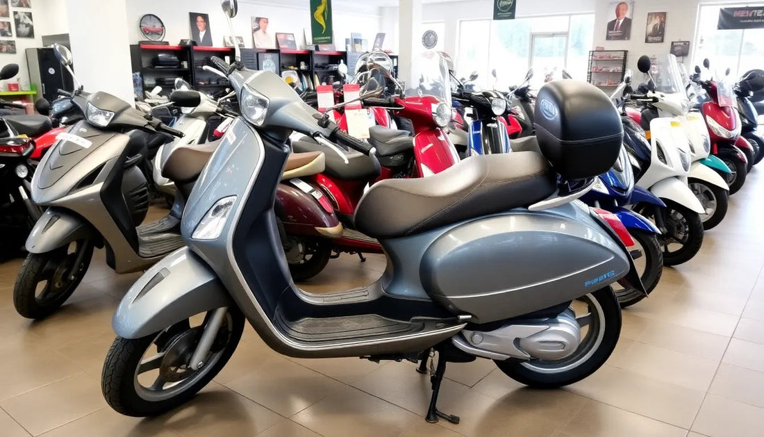 Gray scooter with storage box in a showroom with multiple scooters on display