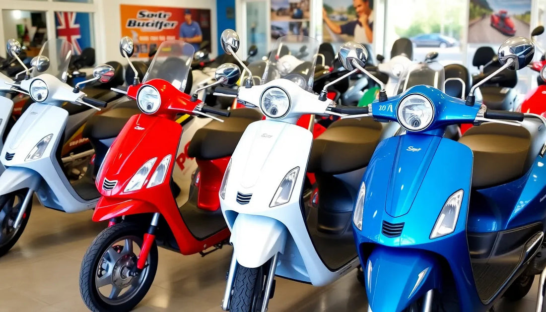 Colorful scooters lined up inside a showroom, showcasing various models and colors.