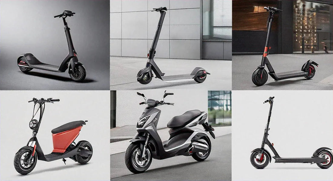 Collage of electric scooters and mopeds in urban outdoor settings