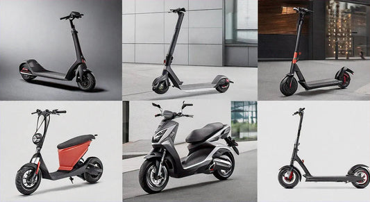 Collage of electric scooters and mopeds in urban outdoor settings