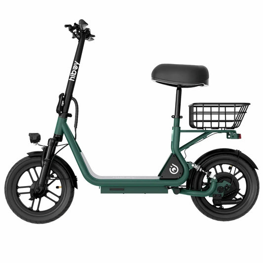 Electric scooter with seat and rear cargo basket, green frame, isolated on white background