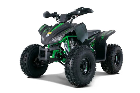 Black and green kids ATV with rugged tires and sporty front design on white background