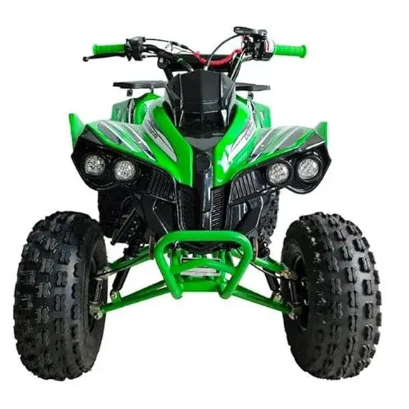green youth ATV with rugged tires and four headlights, front view on white background