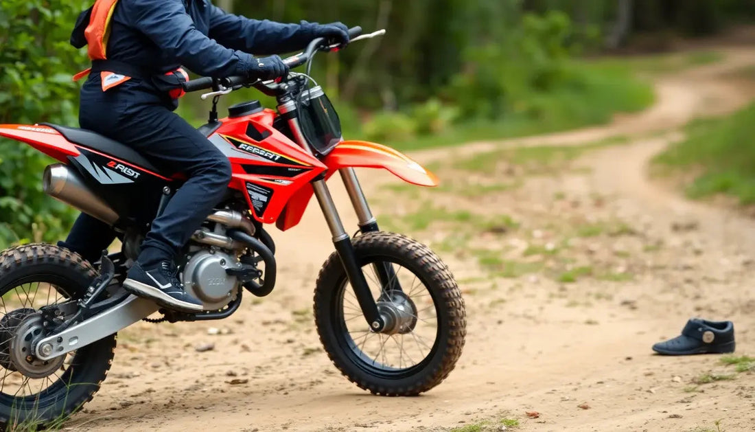 Person riding red dirt bike on a forest trail, loose shoe on sandy path, off-road adventure